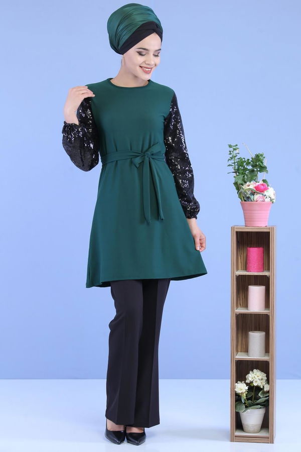 Düz Orta Kadın Yeşil Kolu Pullu Tunik Yeşil - 02 7063 - 7063