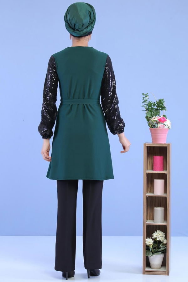 Düz Orta Kadın Yeşil Kolu Pullu Tunik Yeşil - 02 7063 - 7063
