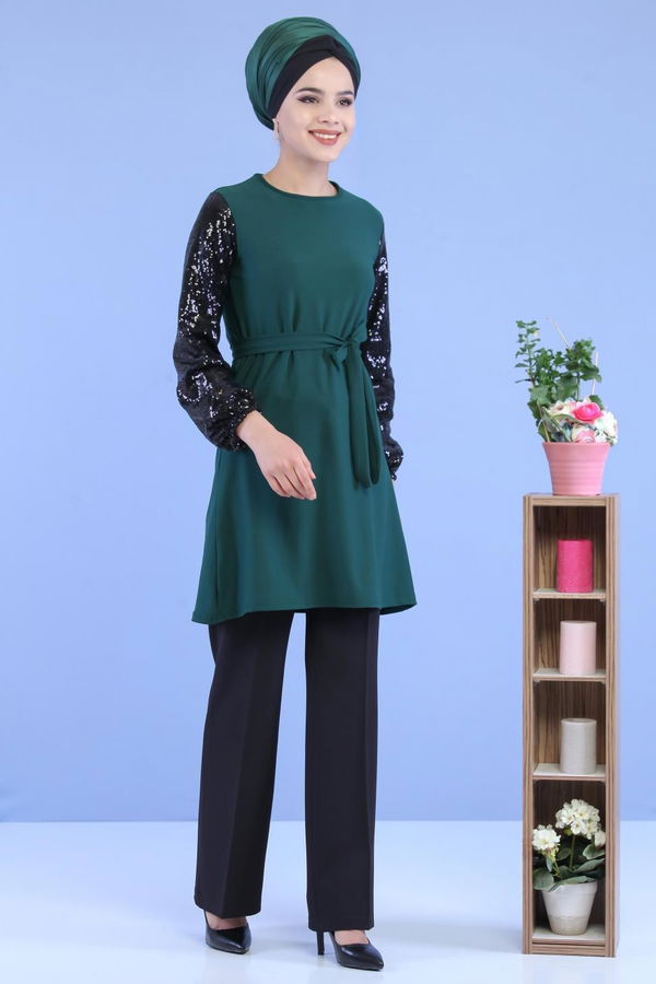Düz Orta Kadın Yeşil Kolu Pullu Tunik Yeşil - 02 7063 - 7063