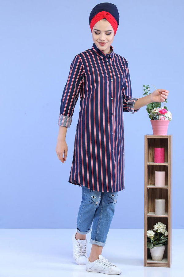 Düz Orta Kadın Bordo Çizgili Tunik Laci Bordo - 02 7064 - 7064