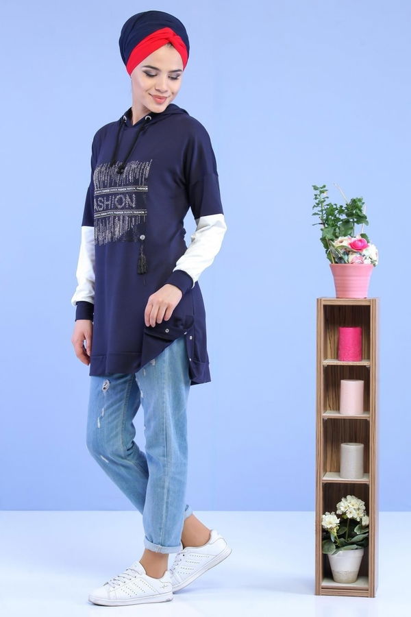 Düz Orta Kadın Lacivert Taşlı Tunik Lacivert - 02 1460 - 1460