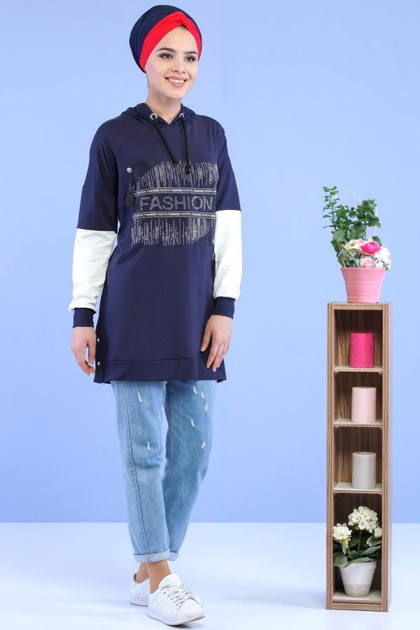 Düz Orta Kadın Lacivert Taşlı Tunik Lacivert - 02 1460 - 1460