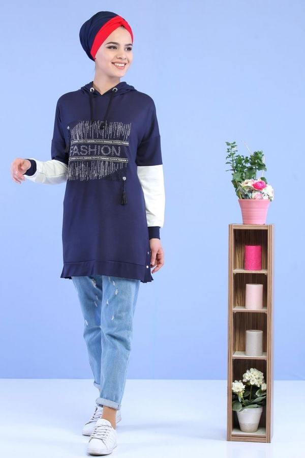 Düz Orta Kadın Lacivert Taşlı Tunik Lacivert - 02 1460 - 1460