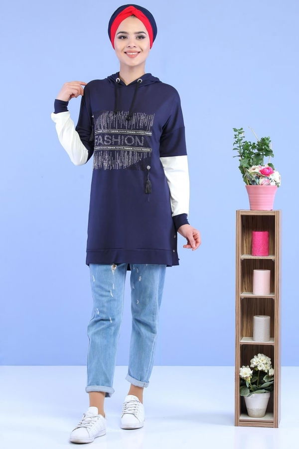 Düz Orta Kadın Lacivert Taşlı Tunik Lacivert - 02 1460 - 1460