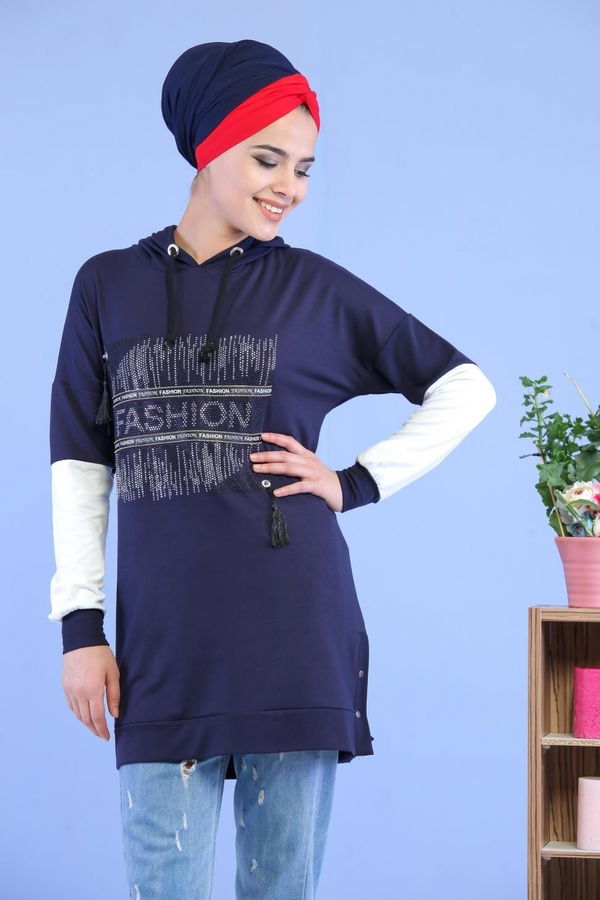 Düz Orta Kadın Lacivert Taşlı Tunik Lacivert - 02 1460 - 1460