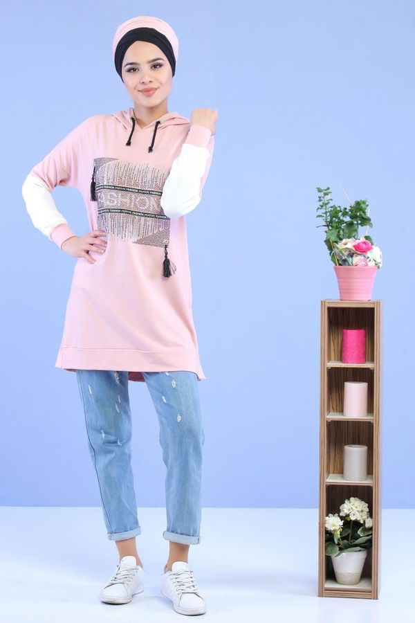 Düz Orta Kadın Pembe Taşlı Tunik Pudra - 02 1460 - 1460