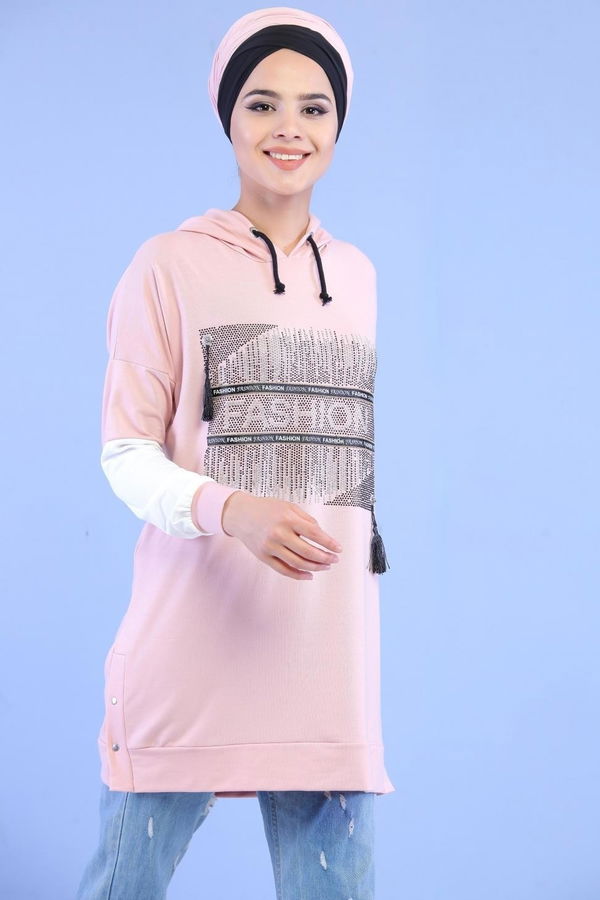 Düz Orta Kadın Pembe Taşlı Tunik Pudra - 02 1460 - 1460
