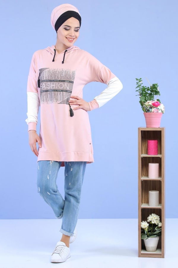 Düz Orta Kadın Pembe Taşlı Tunik Pudra - 02 1460 - 1460
