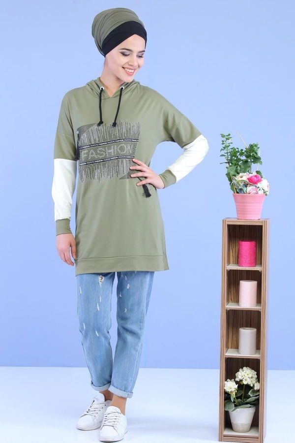 Düz Orta Kadın Yeşil Taşlı Tunik Yeşil - 02 1460 - 1460