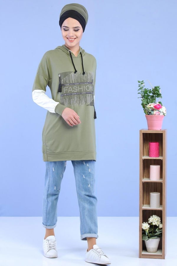 Düz Orta Kadın Yeşil Taşlı Tunik Yeşil - 02 1460 - 1460