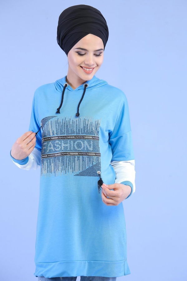 Düz Orta Kadın Mavi Taşlı Tunik Mavi - 02 1460 - 1460