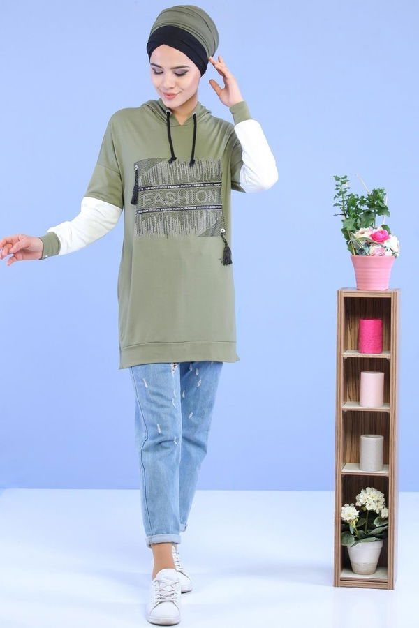 Düz Orta Kadın Yeşil Taşlı Tunik Yeşil - 02 1460 - 1460