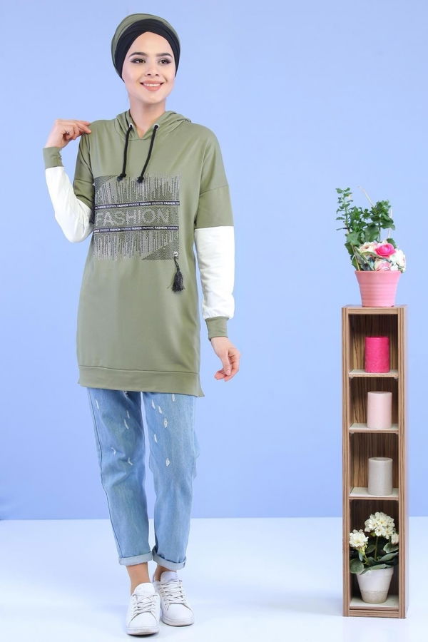 Düz Orta Kadın Yeşil Taşlı Tunik Yeşil - 02 1460 - 1460