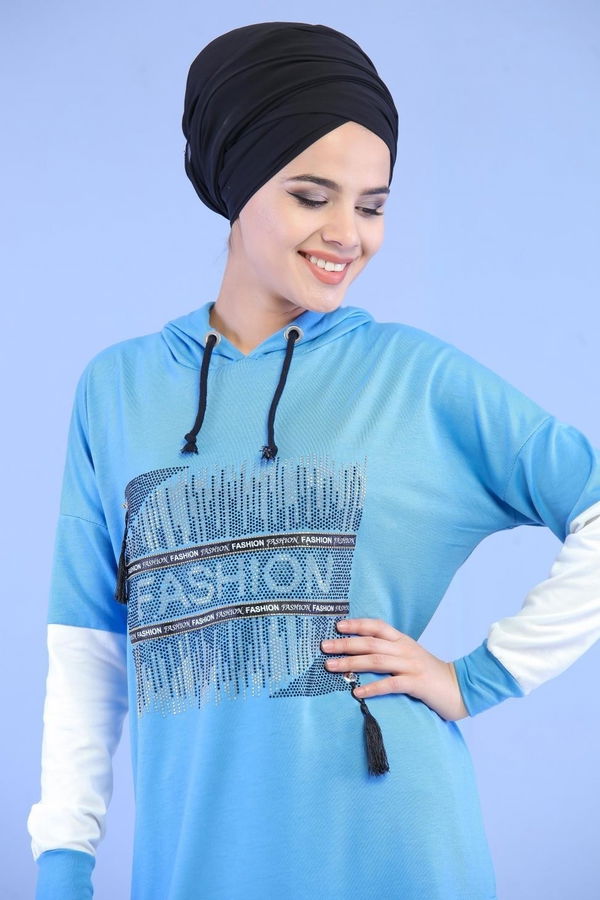 Düz Orta Kadın Mavi Taşlı Tunik Mavi - 02 1460 - 1460