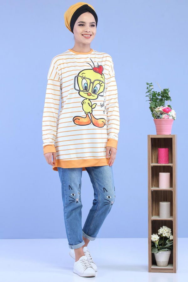 Düz Orta Kadın Sarı Tweety Baskılı Tunik Hardal  - 7068
