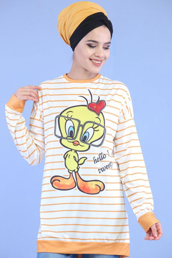 Düz Orta Kadın Sarı Tweety Baskılı Tunik Hardal  - 7068