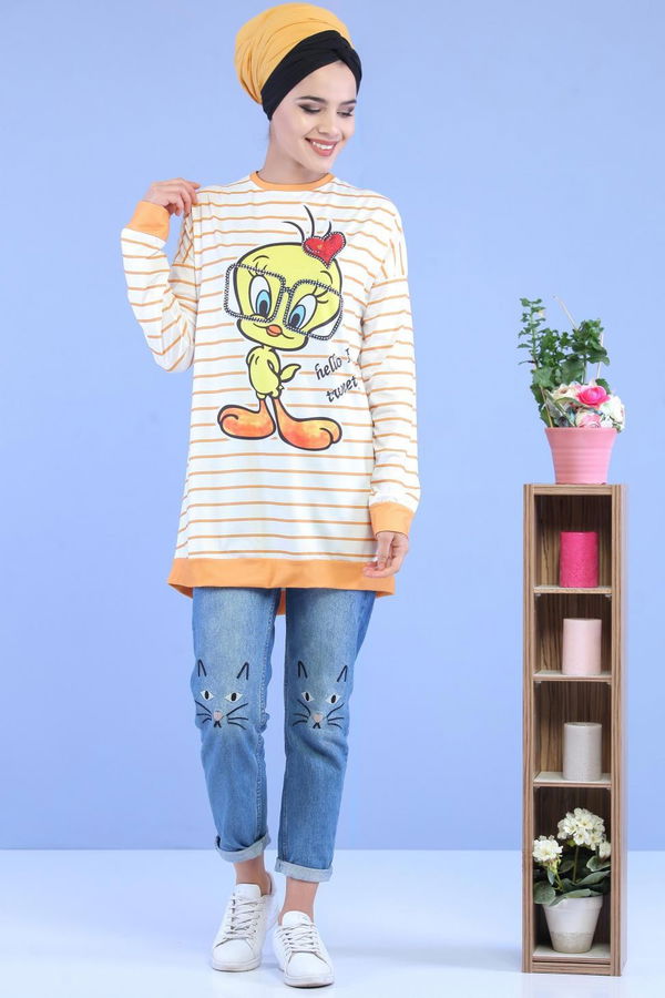 Düz Orta Kadın Sarı Tweety Baskılı Tunik Hardal  - 7068