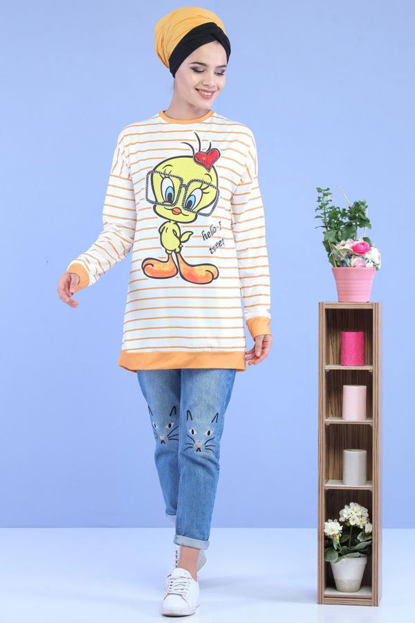 Düz Orta Kadın Sarı Tweety Baskılı Tunik Hardal  - 7068