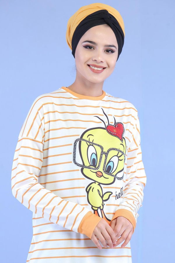 Düz Orta Kadın Sarı Tweety Baskılı Tunik Hardal  - 7068