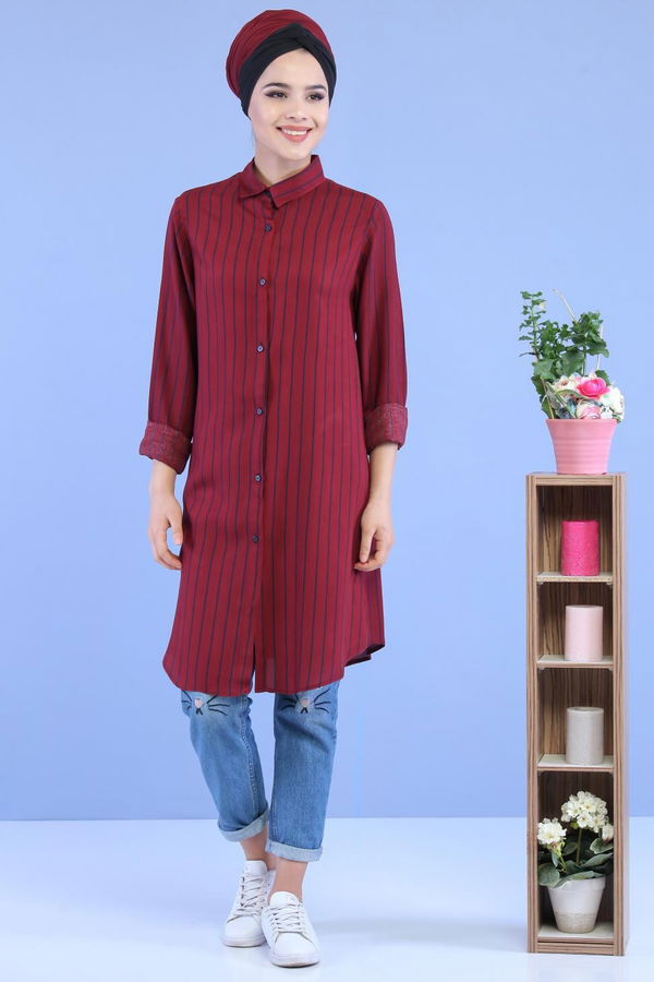 Düz Orta Kadın Bordo Çizgili Tunik Bordo - 02 7070 - 7070