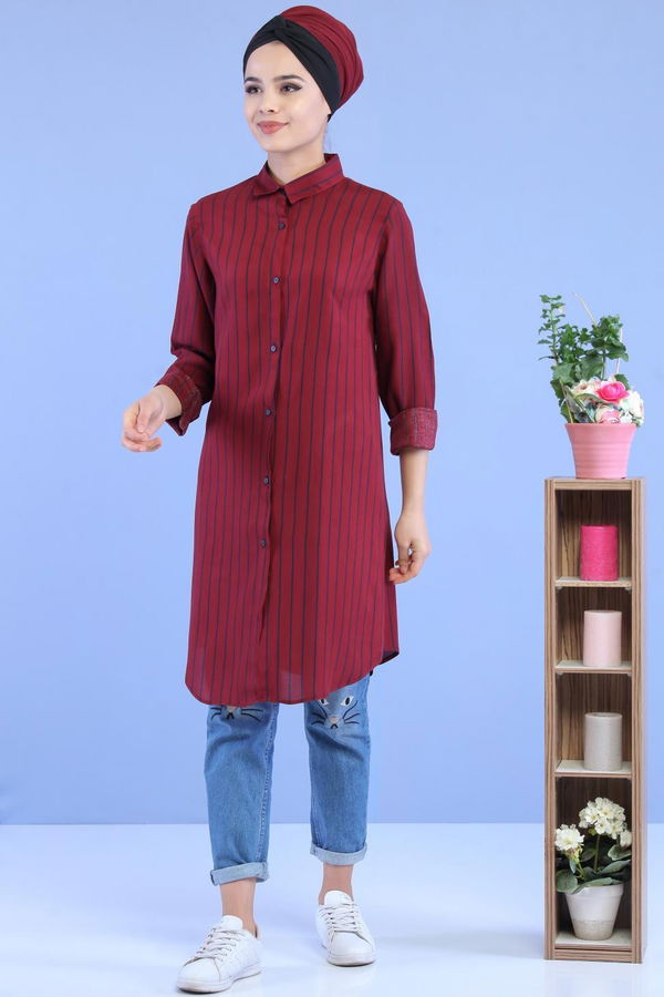 Düz Orta Kadın Bordo Çizgili Tunik Bordo - 02 7070 - 7070