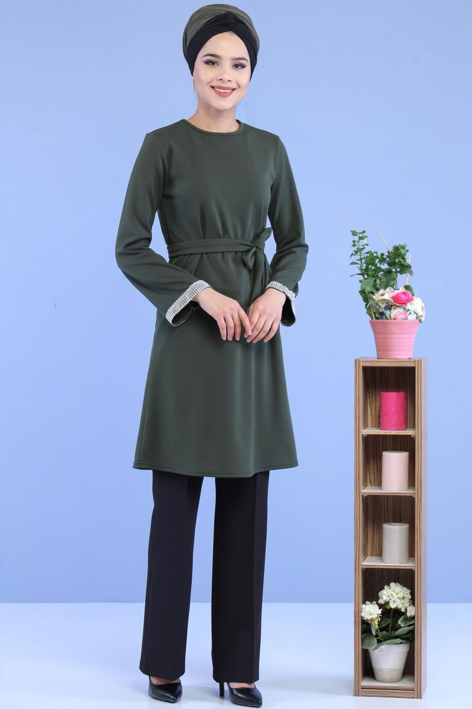 Düz Orta Kadın Haki Kuşaklı Tunik Haki - 02 7072 - 7072 HAKİ