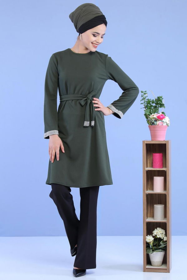 Düz Orta Kadın Haki Kuşaklı Tunik Haki - 02 7072 - 7072 HAKİ