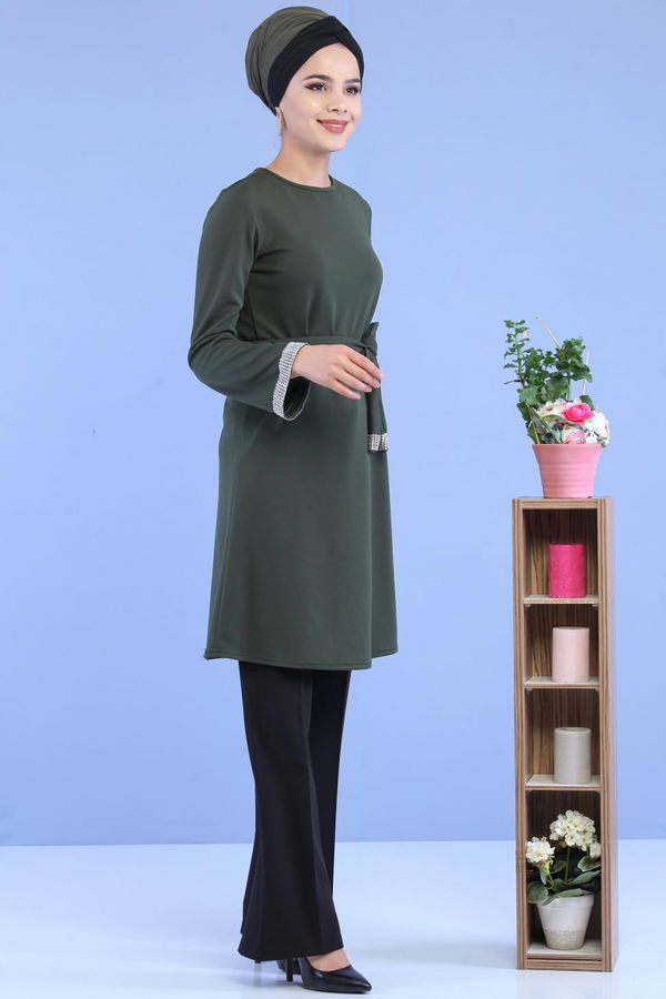 Düz Orta Kadın Haki Kuşaklı Tunik Haki - 02 7072 - 7072 HAKİ