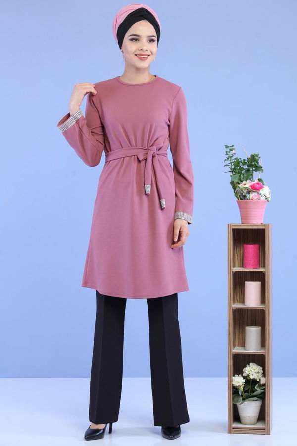 Düz Orta Kadın Pembe Kuşaklı Tunik Gülkurusu - 02 7072 - 7072