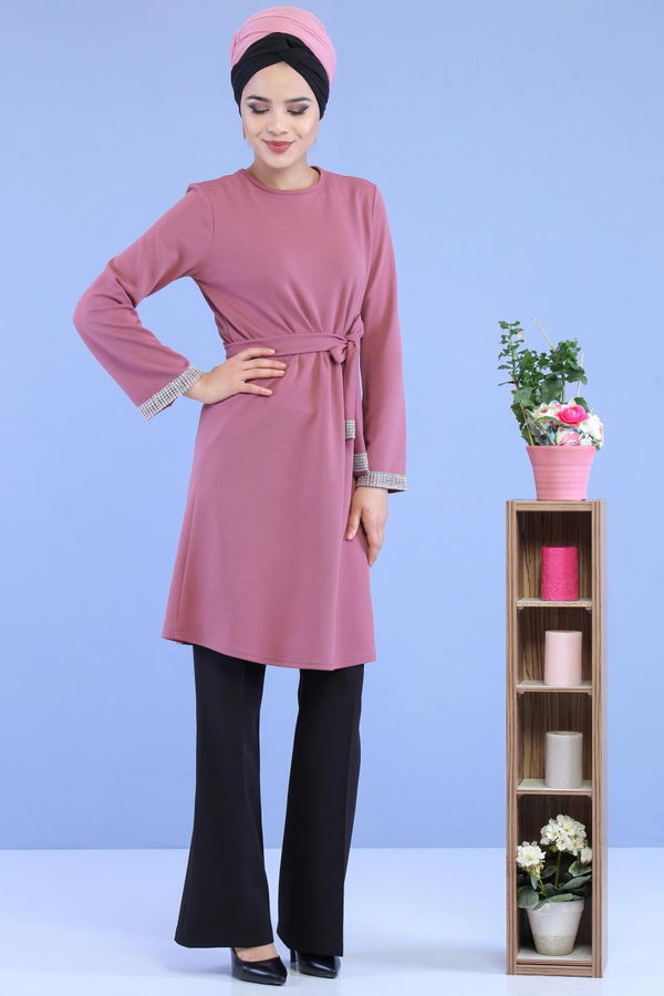 Düz Orta Kadın Pembe Kuşaklı Tunik Gülkurusu - 02 7072 - 7072