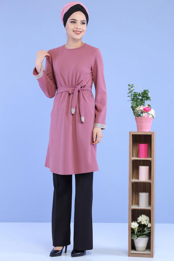 Düz Orta Kadın Pembe Kuşaklı Tunik Gülkurusu - 02 7072 - 7072