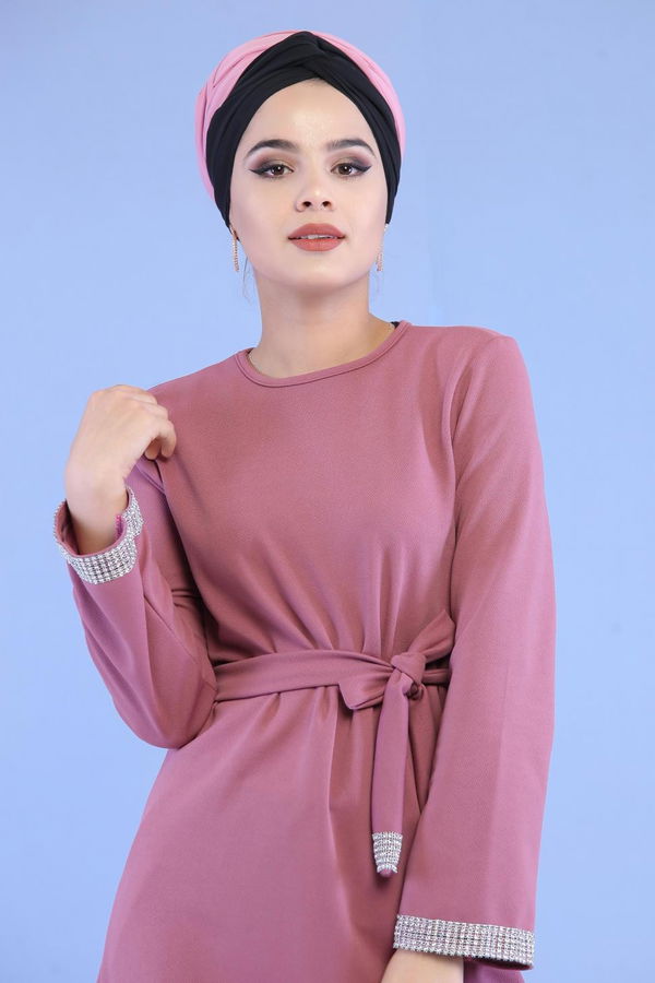 Düz Orta Kadın Pembe Kuşaklı Tunik Gülkurusu - 02 7072 - 7072