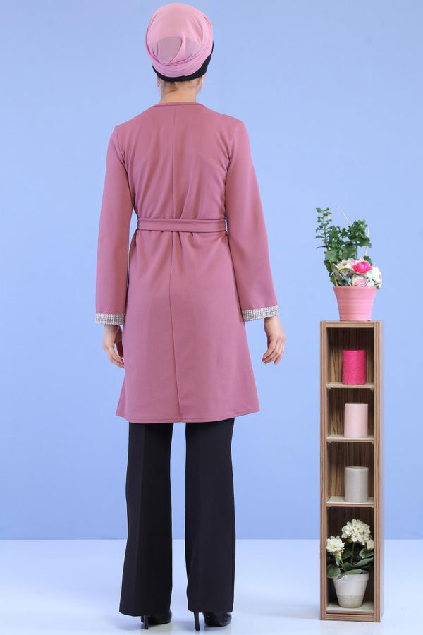 Düz Orta Kadın Pembe Kuşaklı Tunik Gülkurusu - 02 7072 - 7072