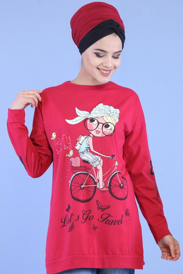 Düz Orta Kadın Bordo Baskılı Tunik Bordo - 02 7073 - 7073