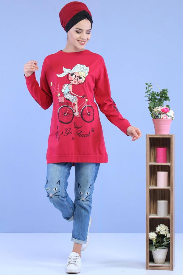 Düz Orta Kadın Bordo Baskılı Tunik Bordo - 02 7073 - 7073