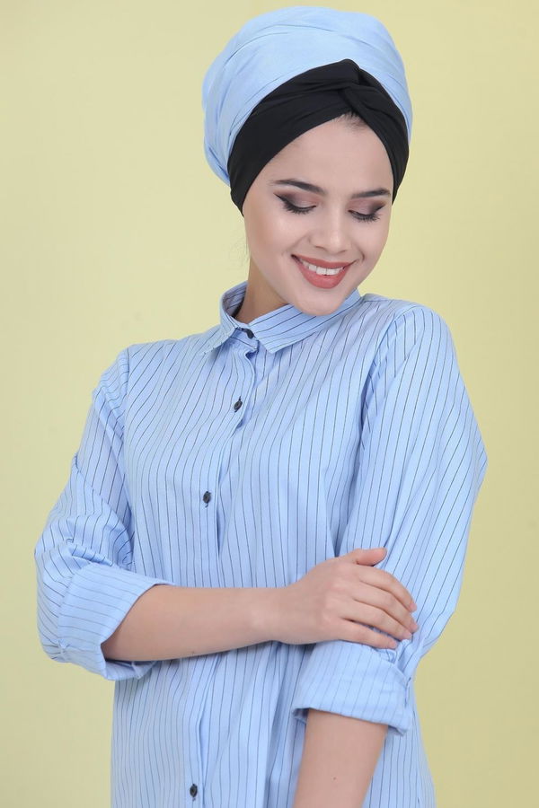Düz Orta Kadın Mavi Çizgili Tunik Mavi  - 7078
