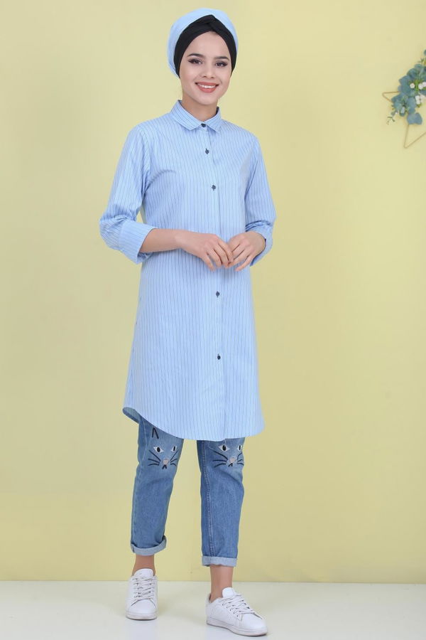 Düz Orta Kadın Mavi Çizgili Tunik Mavi  - 7078