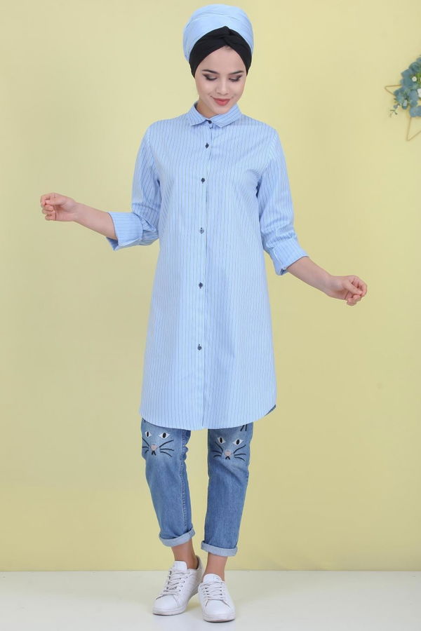 Düz Orta Kadın Mavi Çizgili Tunik Mavi  - 7078