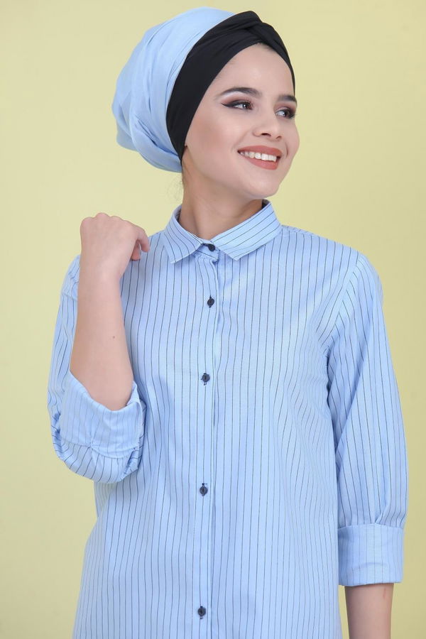 Düz Orta Kadın Mavi Çizgili Tunik Mavi  - 7078