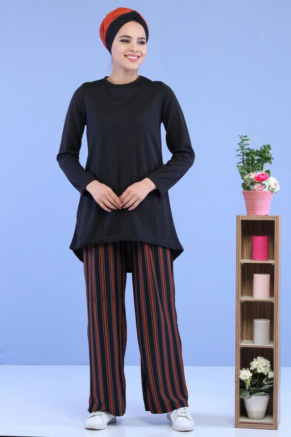Düz Orta Kadın Siyah Tunik Pantolon Kombin Siyah Kiremit - 02 7096 - 7096