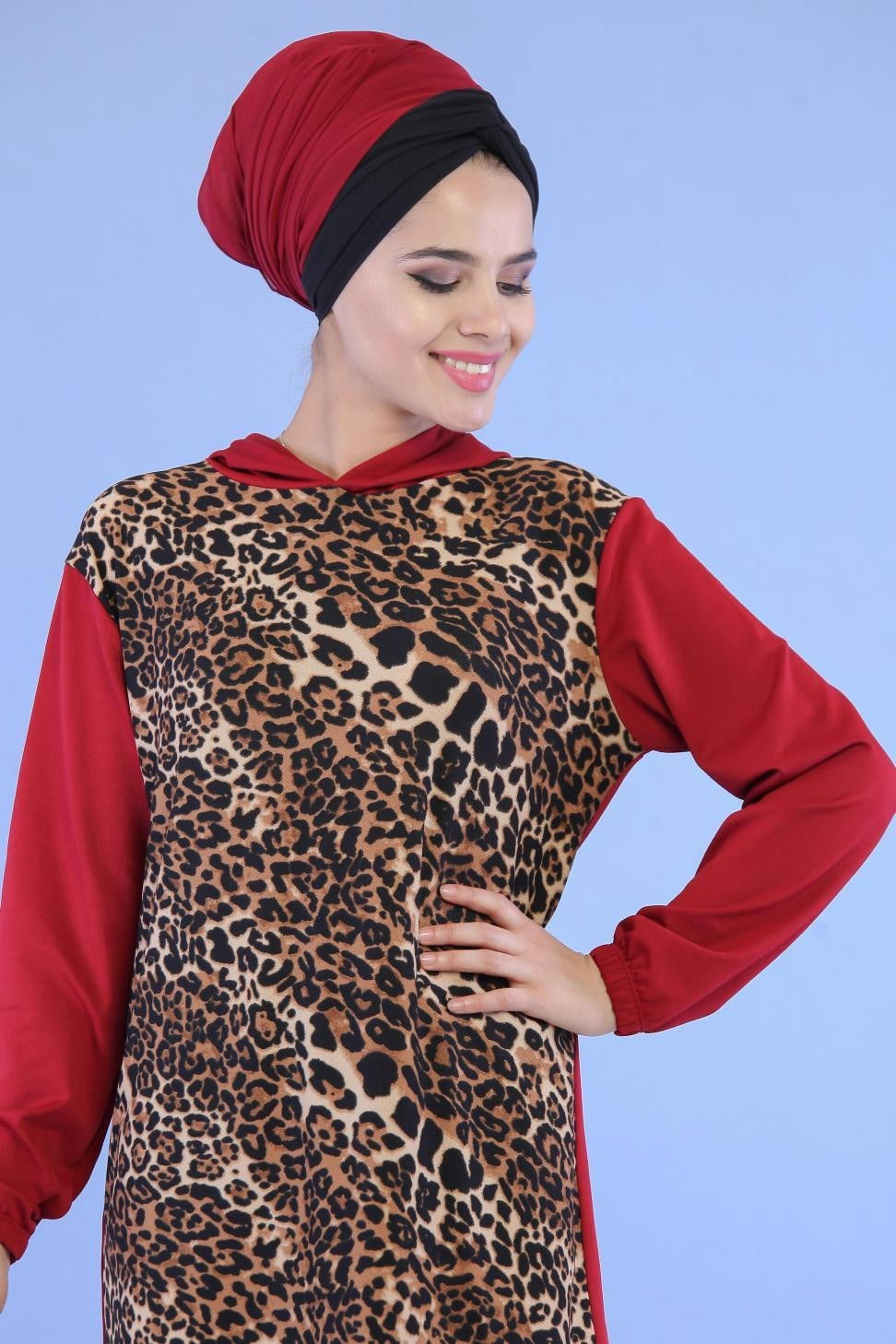 Düz Orta Kadın Bordo Leopar Desen Tunik Bordo - 02 7099 - 7099