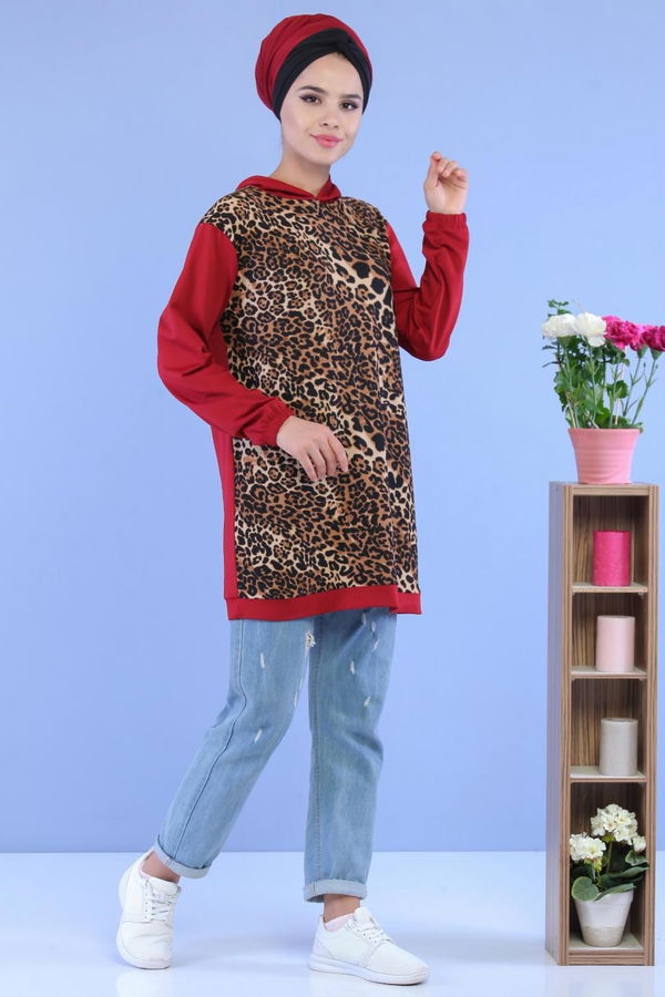 Düz Orta Kadın Bordo Leopar Desen Tunik Bordo - 02 7099 - 7099