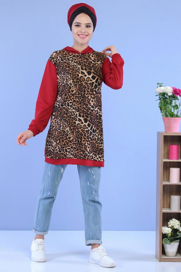 Düz Orta Kadın Bordo Leopar Desen Tunik Bordo - 02 7099 - 7099