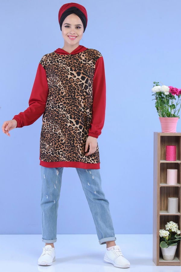 Düz Orta Kadın Bordo Leopar Desen Tunik Bordo - 02 7099 - 7099