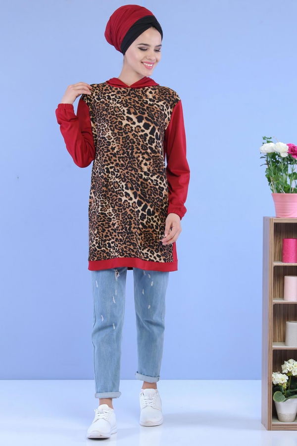 Düz Orta Kadın Bordo Leopar Desen Tunik Bordo - 02 7099 - 7099