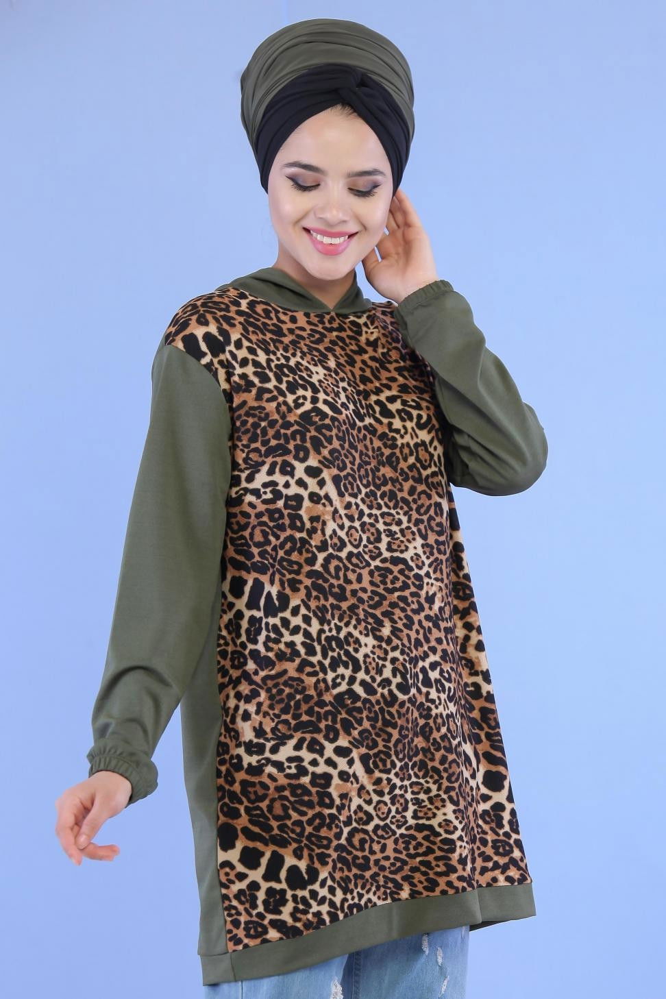 Düz Orta Kadın Haki Leopar Desen Tunik Haki - 02 7099 - 7099