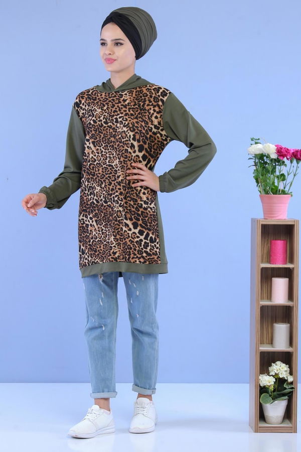 Düz Orta Kadın Haki Leopar Desen Tunik Haki - 02 7099 - 7099