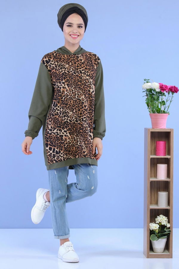 Düz Orta Kadın Haki Leopar Desen Tunik Haki - 02 7099 - 7099