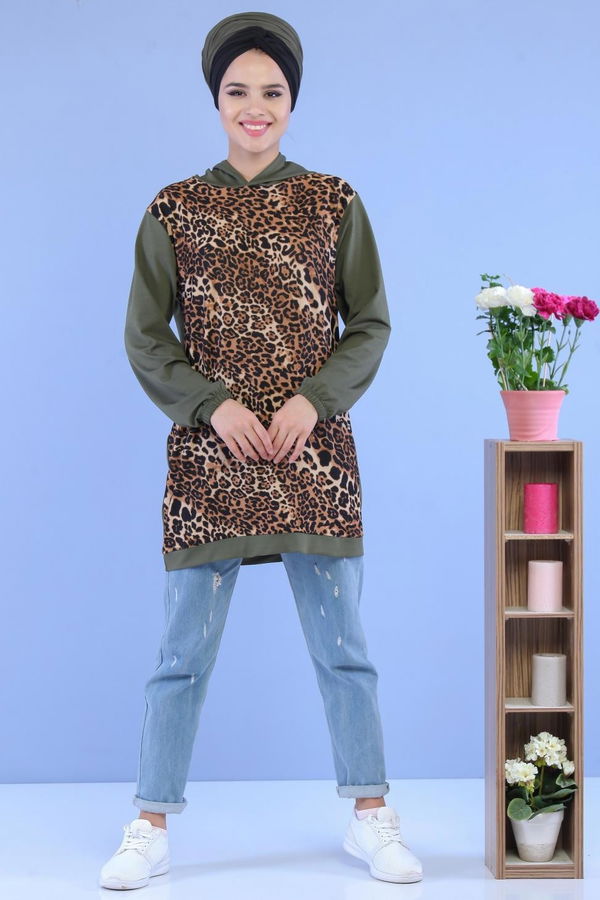 Düz Orta Kadın Haki Leopar Desen Tunik Haki - 02 7099 - 7099