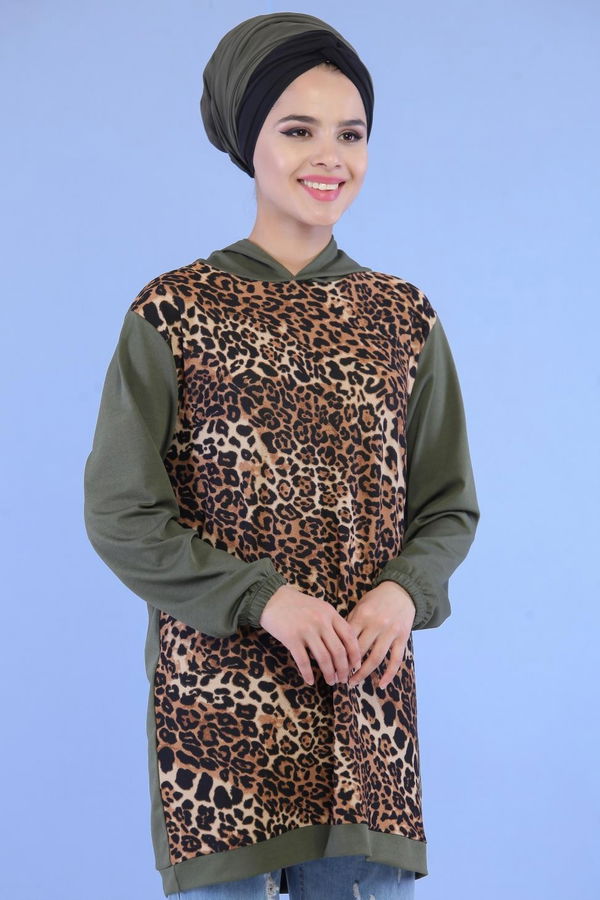 Düz Orta Kadın Haki Leopar Desen Tunik Haki - 02 7099 - 7099